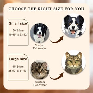 May include: An image with the text "CHOOSE THE RIGHT SIZE FOR YOU". It shows a custom pet avatar with two size options: Small (19.69" x 23.62") and Large (25.59" x 31.50"). The image includes a dog and a cat.