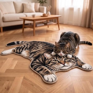 Peut inclure: Un tapis de sol en forme de chat tigré brun et noir avec des pattes blanches et un visage félin détaillé. Le tapis présente un motif imprimé réaliste représentant un chat allongé avec les pattes avant étendues, assorti au chat posé dessus.