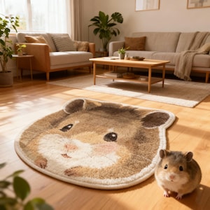 May include: A novelty hamster-shaped rug in shades of brown and beige, with a smiling face, placed in a living room setting. A real hamster is also present. The rug adds a fun element to the room.