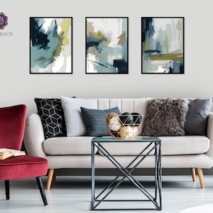 Navy Blue Wall Art Set of 3 Printable Wall Art Modern Wall Art Blue Abstract Art Minimalist Poster Printable Art Brush Strokes Print Digital