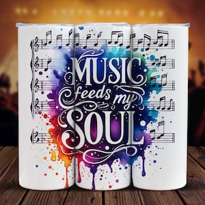 Seamless Water Color Music Feeds My Soul Design, Sheet Music 20oz Skinny Straight Tumbler Sublimation Design PNG, Instant Digital Download