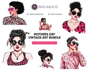 Pacote de imagens PNG retrô para mães – Ilustrações para o Dia das Mães (Download instantâneo)