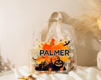 Personalized Halloween Tote Bag Customized Pumpkin Witch Black Cat Castle Skeleton Ghost Canvas Tote Bag for Trick or Treat Goodie gift Bags