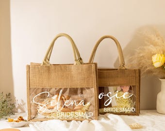 Personalized Bridesmaid Gift Bag with charm, Custom Burlap Gift Bag, Beach Tote Bag, Bridesmaid Proposal Gift Bag,Bachelorette Party Gifts