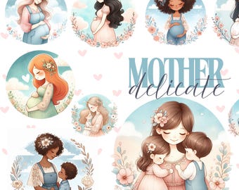 Clipart delicado del Día de la Madre, madre embarazada con niño, tonos pastel, ilustración para el Día de la Madre. png 12 elementos