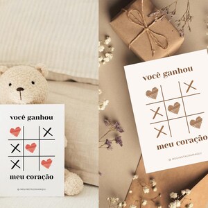 Cartão jogo da velha dia dos namorados 10x8cm editável no canva, arte digital para presente criativo romântico casal, tag card personalizada