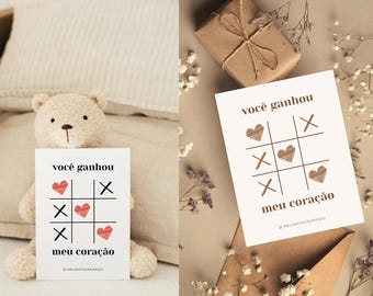 Tarjeta de tres en raya de San Valentín (10 x 8 cm, editable en Canva), arte digital para un regalo creativo y romántico para parejas, tarjeta personalizada.