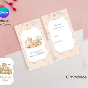 Tag dia das mães para editar no Canva, arquivo digital tag mãe animais, etiqueta para imprimir dia das mães delicada floral 5x9cm editável