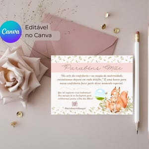 Cartão dia das mães editável Canva, Card Agradecimento, dia das mães fofo, template 14x10cm, arte digital mães animais delicada floral