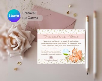 Tarjeta editable del Día de la Madre en Canva, Tarjeta de agradecimiento, Linda tarjeta para el Día de la Madre, Plantilla de 14 x 10 cm, Arte digital: Madres, Animales, Delicado, Floral