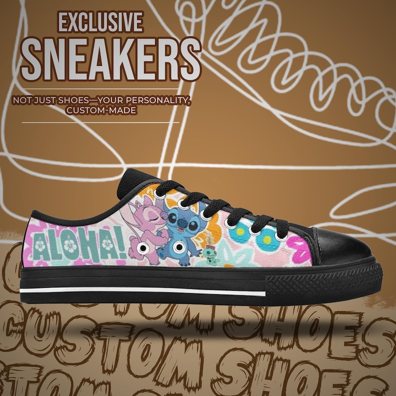 May include: Custom-made sneakers with a black sole and laces. The canvas upper features a colorful floral pattern and the word "ALOHA!" with cartoon characters. The text "EXCLUSIVE SNEAKERS" is at the top.