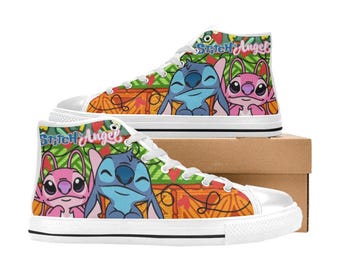 Zapatillas altas de lona personalizadas de Stitch y Angel, unisex, para niños y adultos
