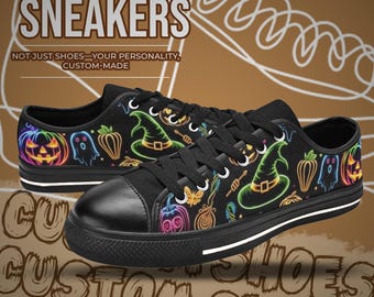 Zapatillas de lona personalizadas de caña baja con diseño de fantasma de neón para Halloween