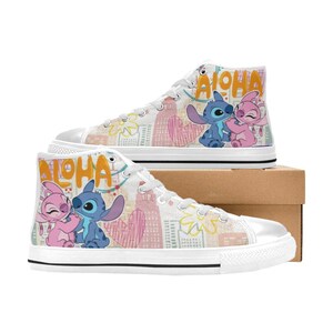 Zapatillas altas de lona personalizadas de Stitch y Angel, unisex, para niños y adultos imagen 1