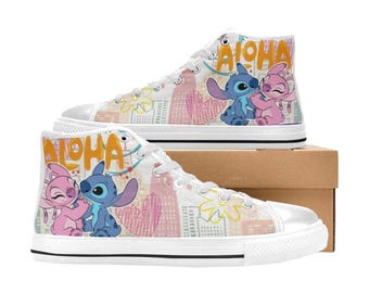 Zapatillas altas de lona personalizadas de Stitch y Angel, unisex, para niños y adultos