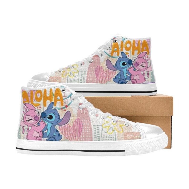 Zapatillas altas de lona personalizadas de Stitch y Angel, unisex, para niños y adultos imagen 1