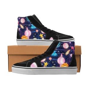 Custom High-Top Sneakers with Galaxy Planets and Stars Design – Psychedelic Space Shoes, Cosmic Streetwear, Unique Footwear for Men & Women