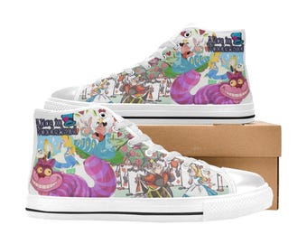 Alice In Wonderland High Top Shoes Custom Canvas Sneakers for Kids or Adults