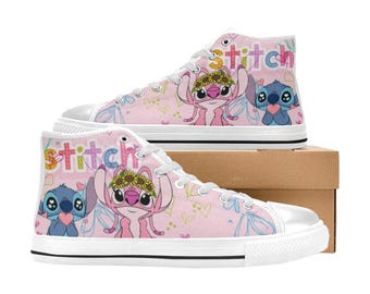Stitch and Angel High Top Shoes Custom Canvas Sneakers for Kids & Adults