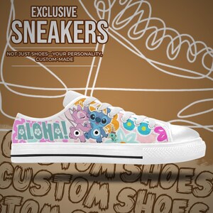 May include: White canvas sneakers with a colorful floral and cartoon character design. The shoe features the word "ALOHA!" and the text "EXCLUSIVE SNEAKERS". The shoes are custom-made.
