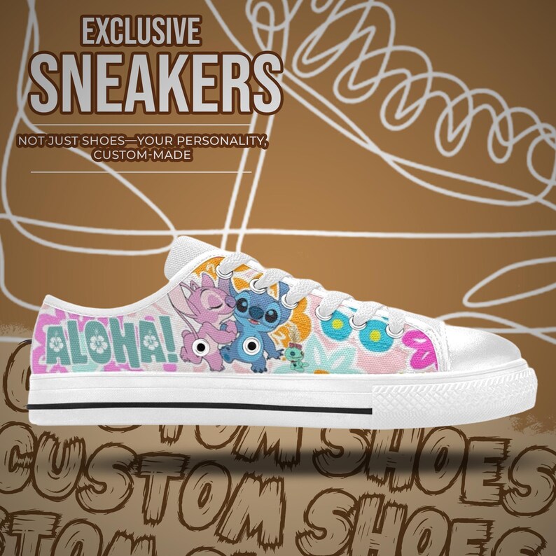 May include: White canvas sneakers with a colorful floral and cartoon character design. The shoe features the word "ALOHA!" and the text "EXCLUSIVE SNEAKERS". The shoes are custom-made.