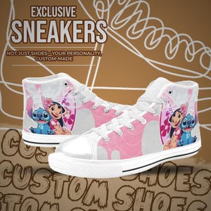 May include: White high-top sneakers with a pink and white design featuring Stitch and Lilo from Disney's Lilo & Stitch. The text "EXCLUSIVE SNEAKERS" and "NOT JUST SHOES - YOUR PERSONALITY, CUSTOM-MADE" is printed on the image.