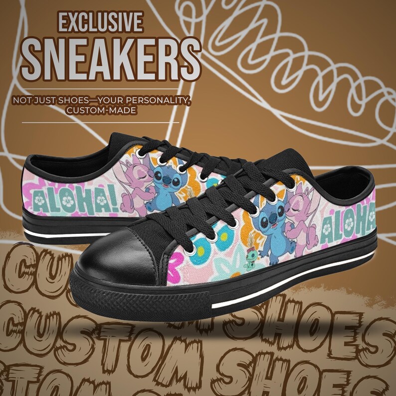 May include: Pair of custom sneakers with a black toe cap, black laces, and a white sole stripe. The shoes feature a colorful design with cartoon characters, flowers, and the word "ALOHA!" on a light pink background. The text "EXCLUSIVE SNEAKERS" is also visible.