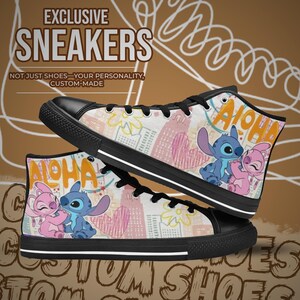 Zapatillas altas de lona personalizadas de Stitch y Angel, unisex, para niños y adultos Black