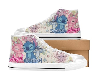Zapatillas altas de lona personalizadas de Stitch y Angel, unisex, para niños y adultos