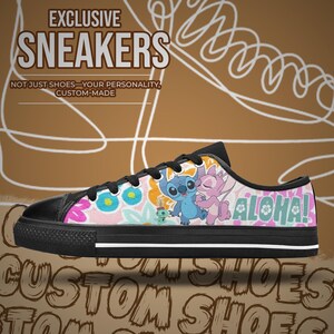 May include: Custom-made sneakers with a black toe cap and sole. The canvas upper features a colorful floral pattern and the characters Stitch and Angel, with the word "ALOHA!" on the side. The text "EXCLUSIVE SNEAKERS" is at the top.