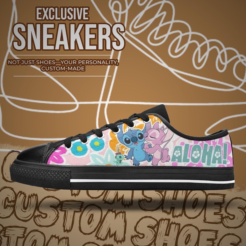 May include: Custom-made sneakers with a black toe cap and sole. The canvas upper features a colorful floral pattern and the characters Stitch and Angel, with the word "ALOHA!" on the side. The text "EXCLUSIVE SNEAKERS" is at the top.