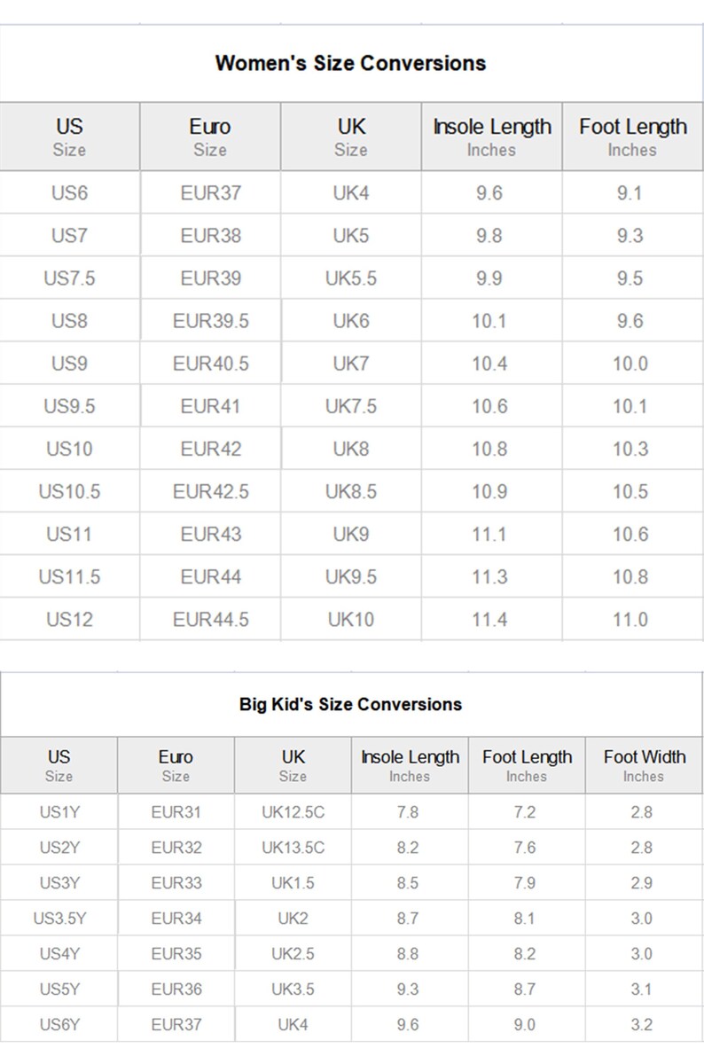 Op de afbeelding: Een schoenmatentabel voor dames en grote kinderen. Toont US-, Euro- en UK-maten. Bevat inlegzool- en voetlengtematen in inches. Handig voor het vergelijken van schoenmaten in verschillende systemen.