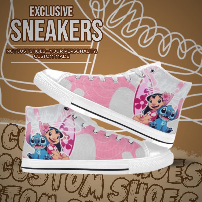 May include: Pink high-top sneakers with a cartoon image of Lilo and Stitch from Disney's Lilo & Stitch. The text "NOT JUST SHOES - YOUR PERSONALITY, CUSTOM-MADE" is printed on the sneakers.