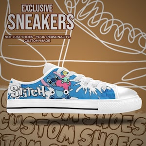May include: White low-top trainers with a blue and white Stitch design. The word "Stitch" is printed on the side. The trainers have white laces and a white sole with a black stripe. The text "EXCLUSIVE SNEAKERS" is visible.