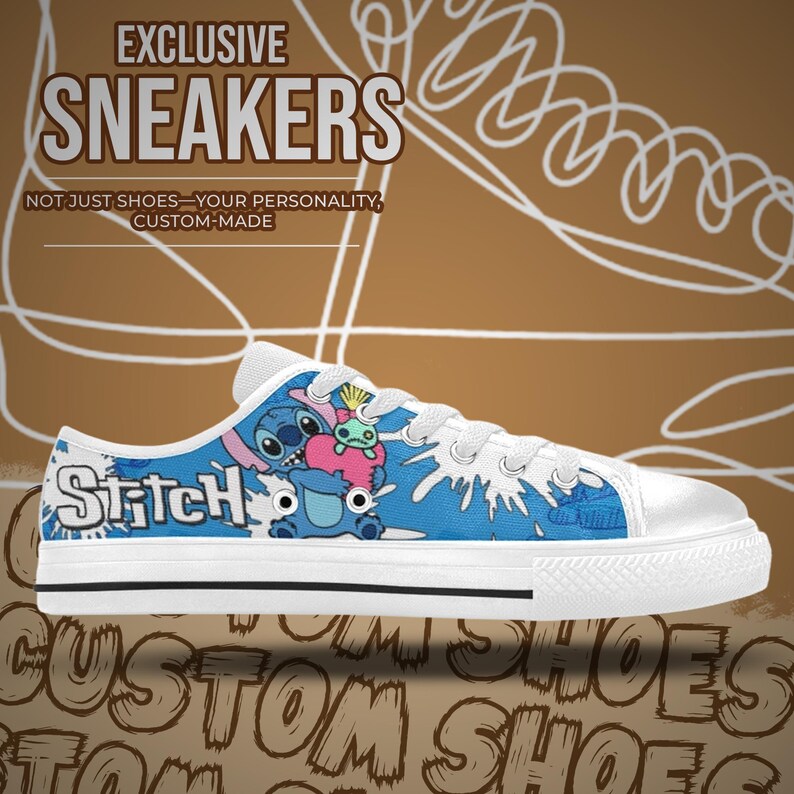 May include: White low-top trainers with a blue and white Stitch design. The word "Stitch" is printed on the side. The trainers have white laces and a white sole with a black stripe. The text "EXCLUSIVE SNEAKERS" is visible.
