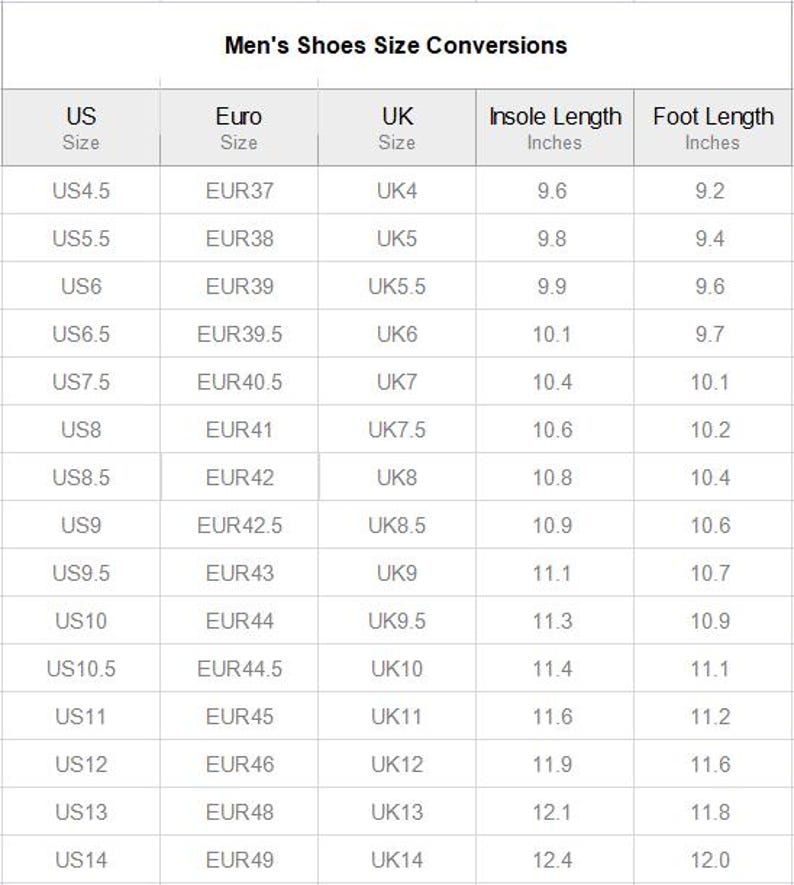 May include: A white chart titled "Men's Shoes Size Conversions" shows shoe size conversions between US, Euro, and UK sizes. It includes insole and foot length measurements in inches, offering a useful guide for shoe buyers.