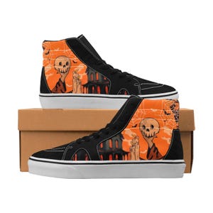 Custom High-Top Sneakers with Haunted House Skull Hand Design – Halloween Shoes, Spooky Horror Streetwear, Unique Footwear for Men & Women