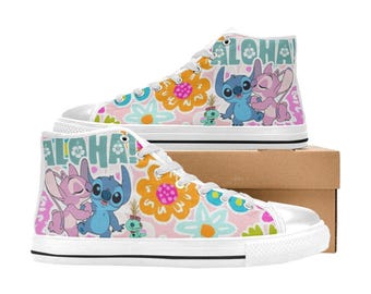 Zapatillas altas de lona personalizadas de Stitch y Angel, unisex, para niños y adultos