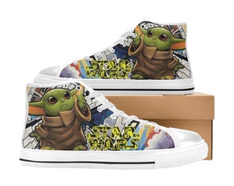 Baby Yoda High Top Shoes Custom Canvas Sneakers Unisex for Kids or Adults