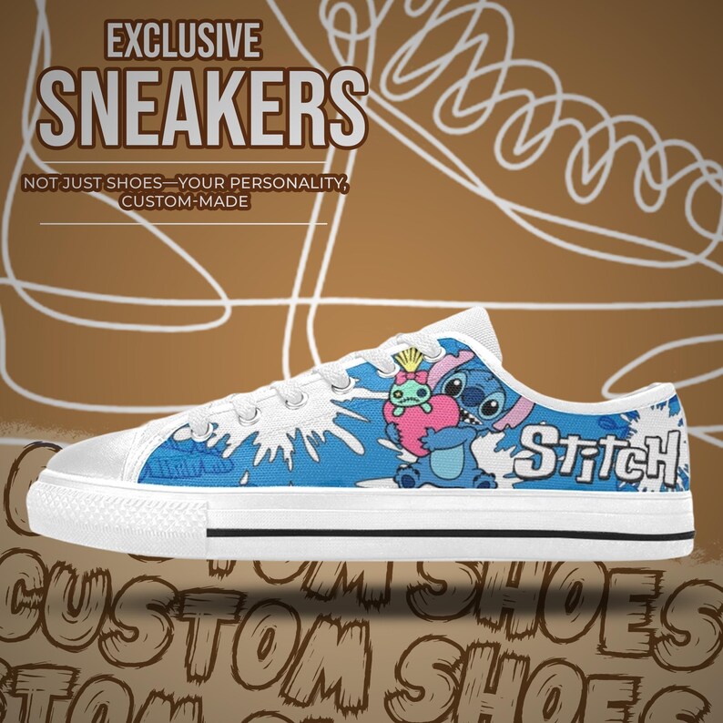 May include: White canvas sneakers with a blue and white Stitch design. The word "Stitch" is printed on the side. The text "EXCLUSIVE SNEAKERS" and "CUSTOM-MADE" are also visible. The shoes are custom-made.