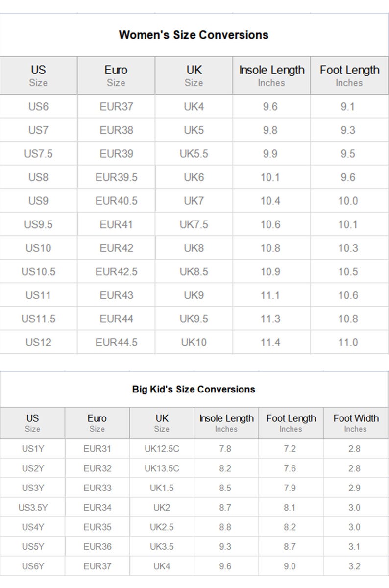 May include: A shoe size conversion chart for women and big kids, showing US, Euro, and UK sizes. Includes insole and foot length measurements in inches. Helpful for comparing shoe sizes across different systems.