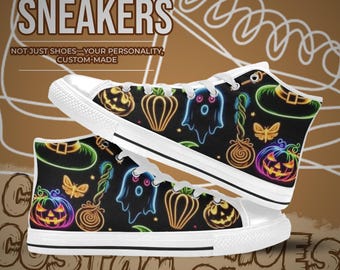 Neon Ghost Halloween hoge schoenen aangepaste canvas sneakers