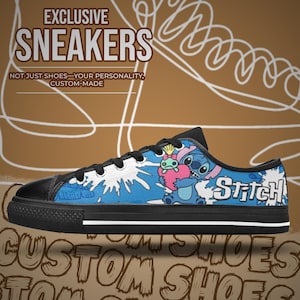 May include: Custom-made sneakers with a black toe cap and sole. The blue canvas features a cartoon character holding a heart, with the word "Stitch" in white. The text "EXCLUSIVE SNEAKERS" is at the top.