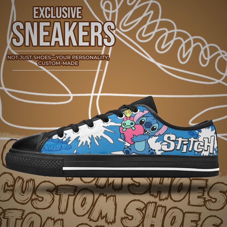 May include: Custom-made sneakers with a black toe cap and sole. The blue canvas features a cartoon character holding a heart, with the word "Stitch" in white. The text "EXCLUSIVE SNEAKERS" is at the top.