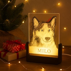 Sketch Style Custom Pet Portrait Night Light – Personalized LED Dog or Cat Lamp with Name – Pet Memorial Gift – Animal Lover Keepsake Light