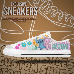May include: White canvas sneakers with a colorful floral and cartoon character design. The shoes feature the text "ALOHA!" and "EXCLUSIVE SNEAKERS". The sneakers are custom-made.