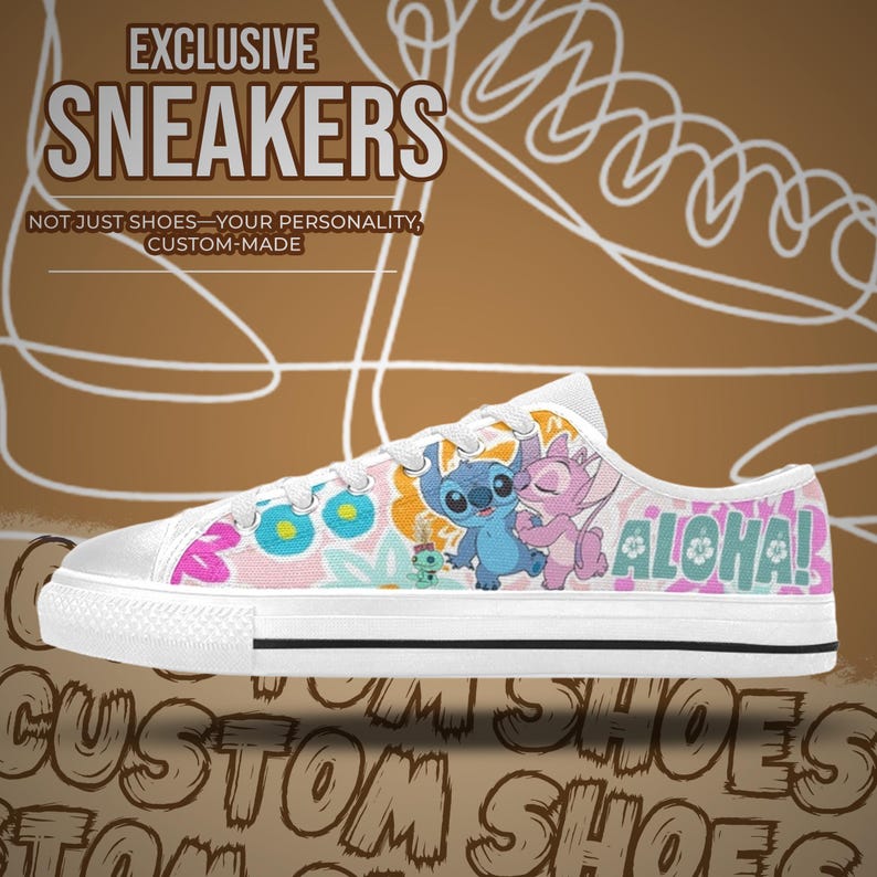 May include: White canvas sneakers with a colorful floral and cartoon character design. The shoes feature the text "ALOHA!" and "EXCLUSIVE SNEAKERS". The sneakers are custom-made.