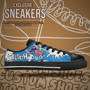 May include: Custom blue and white sneakers with a cartoon character design. The trainers have black laces, a black toe cap, and a black sole. The word "Stitch" is printed on the side. The text "EXCLUSIVE SNEAKERS" is at the top.