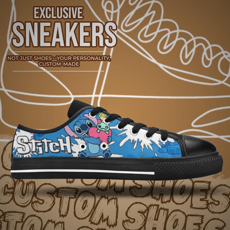 May include: Custom blue and white sneakers with a cartoon character design. The trainers have black laces, a black toe cap, and a black sole. The word "Stitch" is printed on the side. The text "EXCLUSIVE SNEAKERS" is at the top.