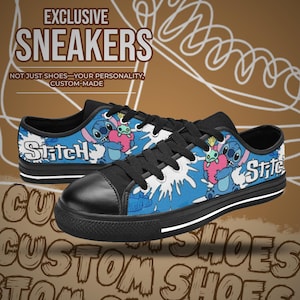 May include: Custom sneakers with a blue and white Stitch design. The shoes have black laces, a black toe cap, and a black sole with a white stripe. The word "Stitch" is written on the side. The text "EXCLUSIVE SNEAKERS" is at the top.